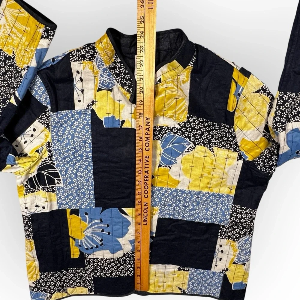 Quilted Open Lightweight Jacket Patchwork Mandarin Collar Petite 14P Yellow Blue